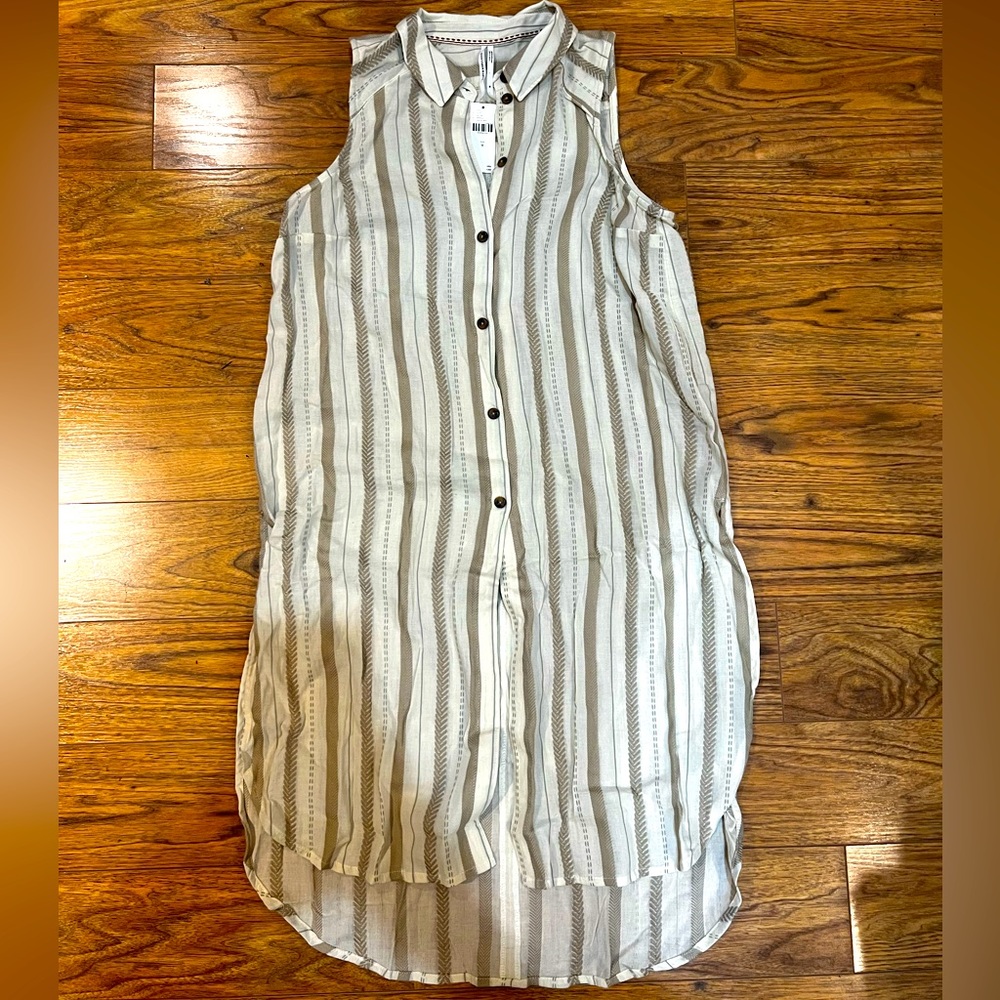 ANTHROPOLOGIE Sz L Delphine Tunic Top Button Down Embroidered Cream Tan Stripe